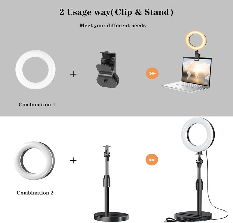 Amcuke Desk Ring Light with Stand, Ring Light with Clip 10W 3000K-6500K Dimmable Travel Desktop Light for Phone Selfie Laptop Zoom Video Makeup Vlog Tiktok Live Streaming - Image 2
